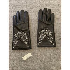 Carolina Amato Women 8 Black Genuine Leather Biker Gloves With Chain Detail